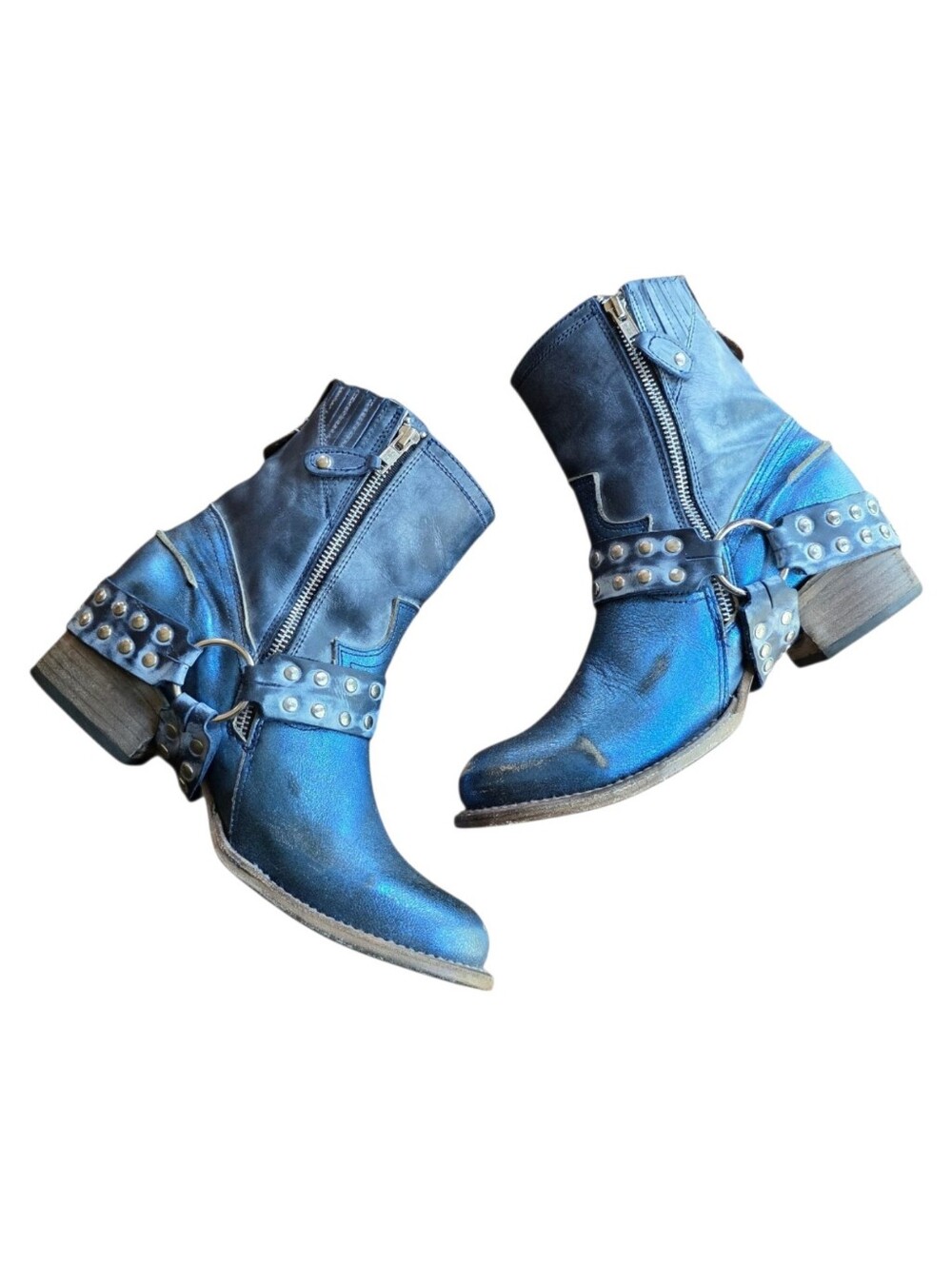 Freebird By Steven Metallic Blue Leather Harness Ramone Boots - Picture 8 of 11